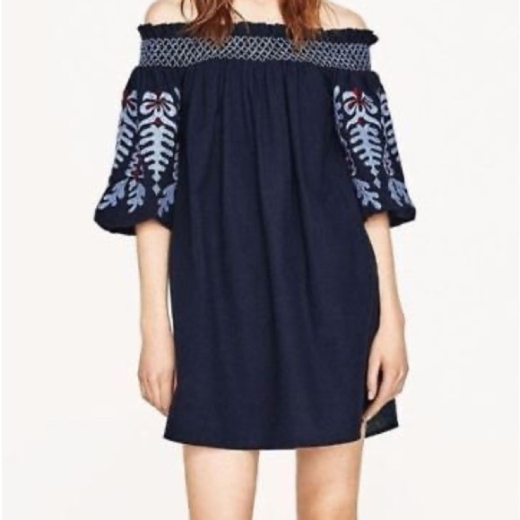 Zara Blumenmuster Embroidered Off Shoulder Tunic Dress Flower Embroidery Size S - Picture 2 of 15